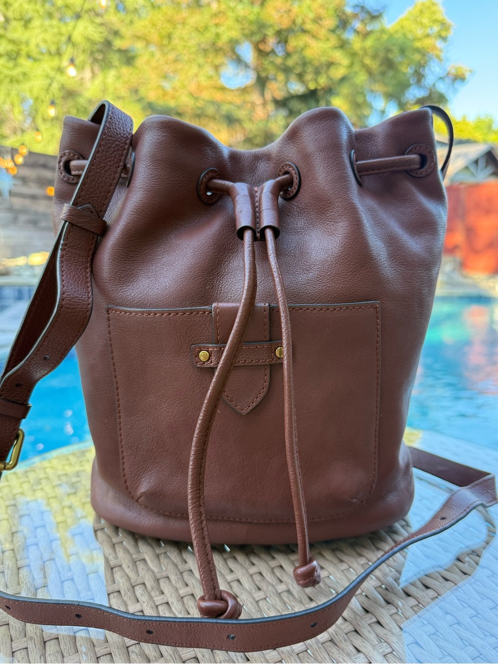 Frye Olivia Leather Drawstring Bucket Bag Cognac
